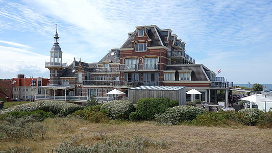 Domburg, coasta, Hotel, Pavilionul de îmbăiere, plajă, cer albastru, vacanta