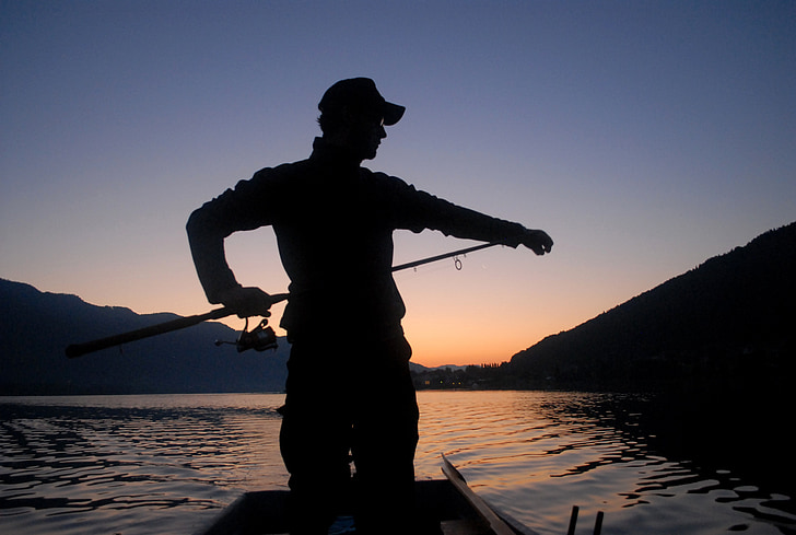 Fischer, vis, man, beroep, zonsopgang, boot, silhouet