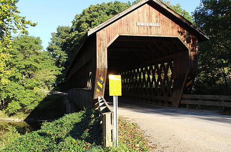 state road bridge, conneaut oh, covered bridge, fall, bridge, wooden