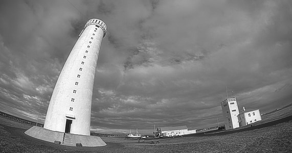 lighthouse, fisheye, tower, safety, nature, black, white