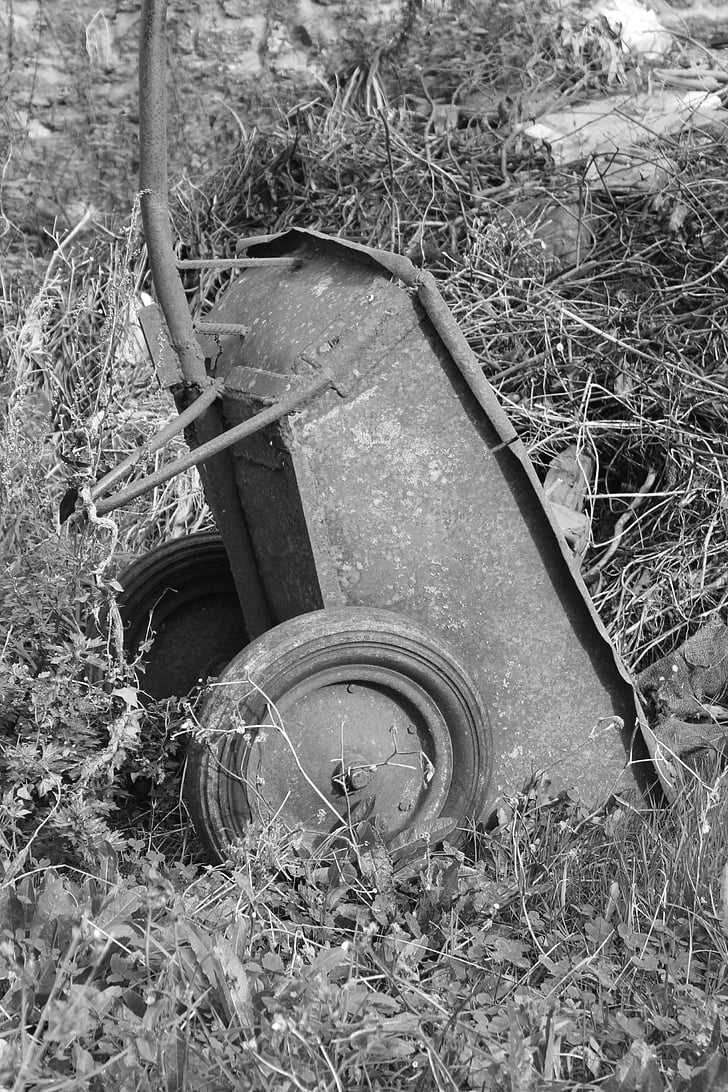 wheelbarrow, work, garden, grass, wagon wheel, no people, abandoned