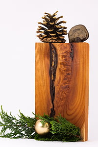 christmas decorations, cypress branch, decoration, wood, grain, mica, pine cones