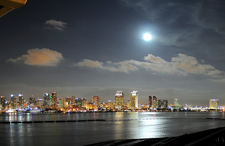 Badia de San diego, Port, horitzó, nit, Lluna plena, reflexió, llums
