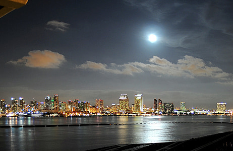 San diego bay, havn, skyline, natt, fullmåne, refleksjon, lys