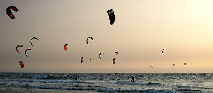 Kitesurfing, laut, gelombang, layang-layang, Angin, terbang, matahari terbenam