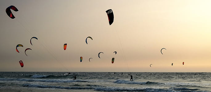 kitesurfing, tenger, hullám, kite, szél, repülő, naplemente