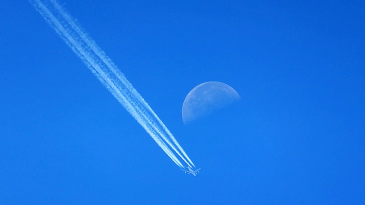 niebo, Księżyc, samolot, samolot, pływające, lotnictwa, niebieski