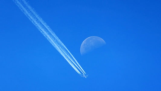 sky, moon, plane, airplane, flying, aviation, blue