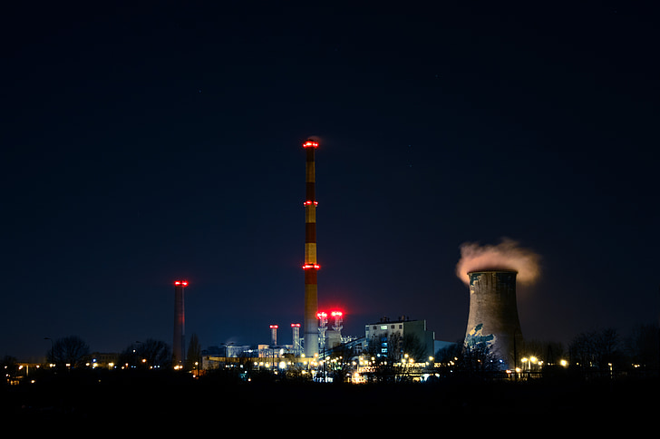 power plant, night, illumnated, steam, tower, energy, industry