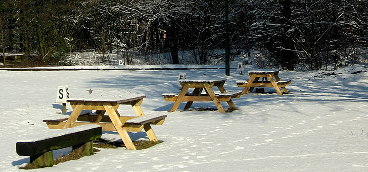 picnic tables, winter, snow