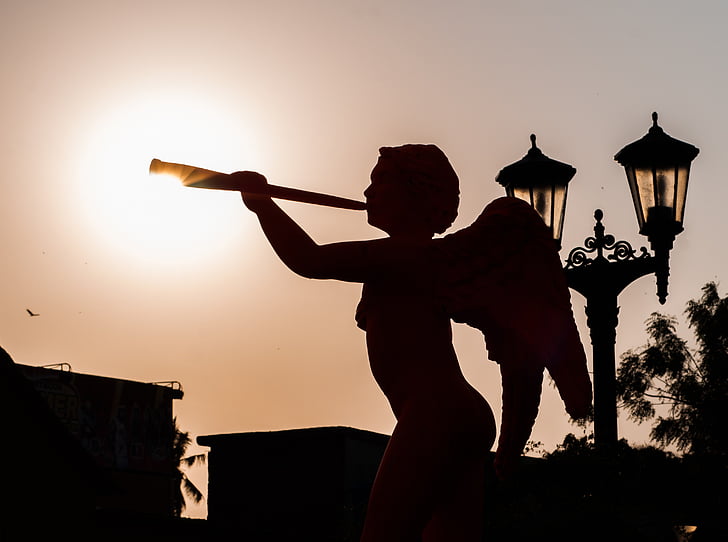 Maracaibo, Venezuela, estátua, escultura, ângulo de, chifre, pôr do sol