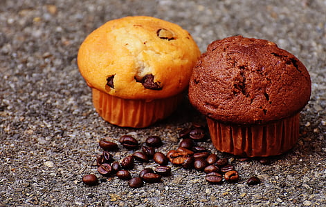 Muffin, pastel, café, granos de café, delicioso, disfrutar de, se benefician de