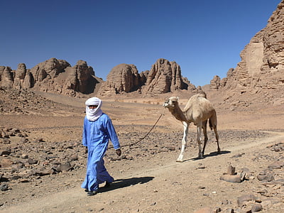 알제리, 사막, 단 봉 낙 타, 낙 타, 사람들, 사하라 사막