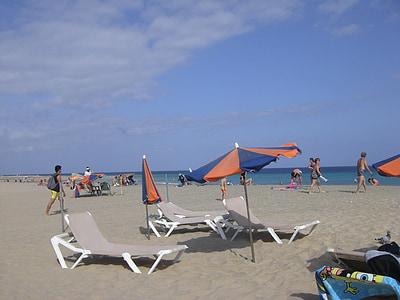 strand, parasol, ligstoel, zee, zandstrand, vakantie, vakantie