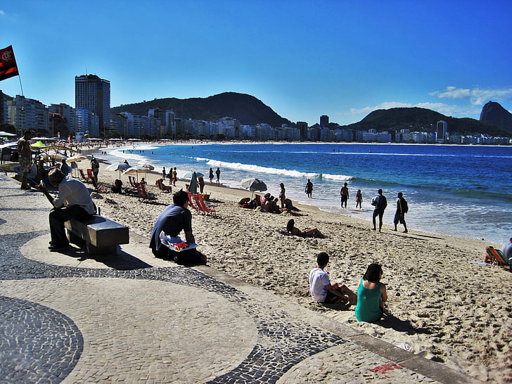 Rio, pie copacabana, ņemot vērā cukura klaips kalnu, pludmale, ūdens, jūra, vilnis