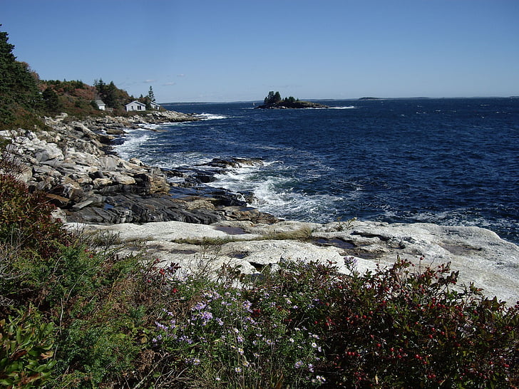 coasta stâncoasă, Maine, mare, plajă, ocean, cer, apa