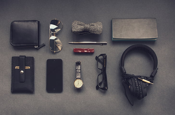 black, corded, headphones, beside, framed, eyeglasses, aviator