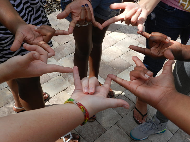 hands, sign language, circle, i love you, fun, group, friends