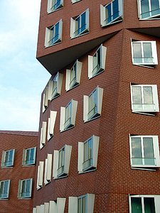 modern, építészet, Düsseldorf, irodaház, épület, homlokzat, felhőkarcoló