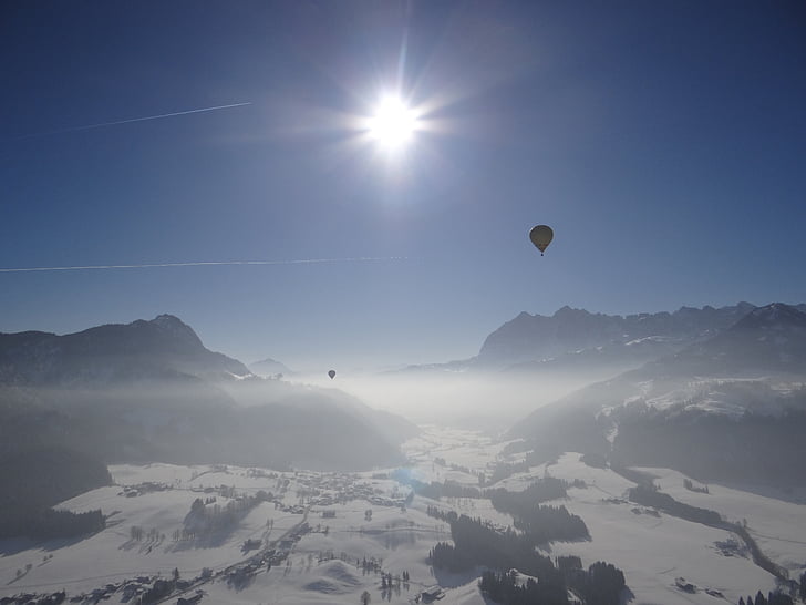 balon cu aer cald, alpin, astfel încât, float, plimbare cu balonul de aer cald, rază de soare, iarna