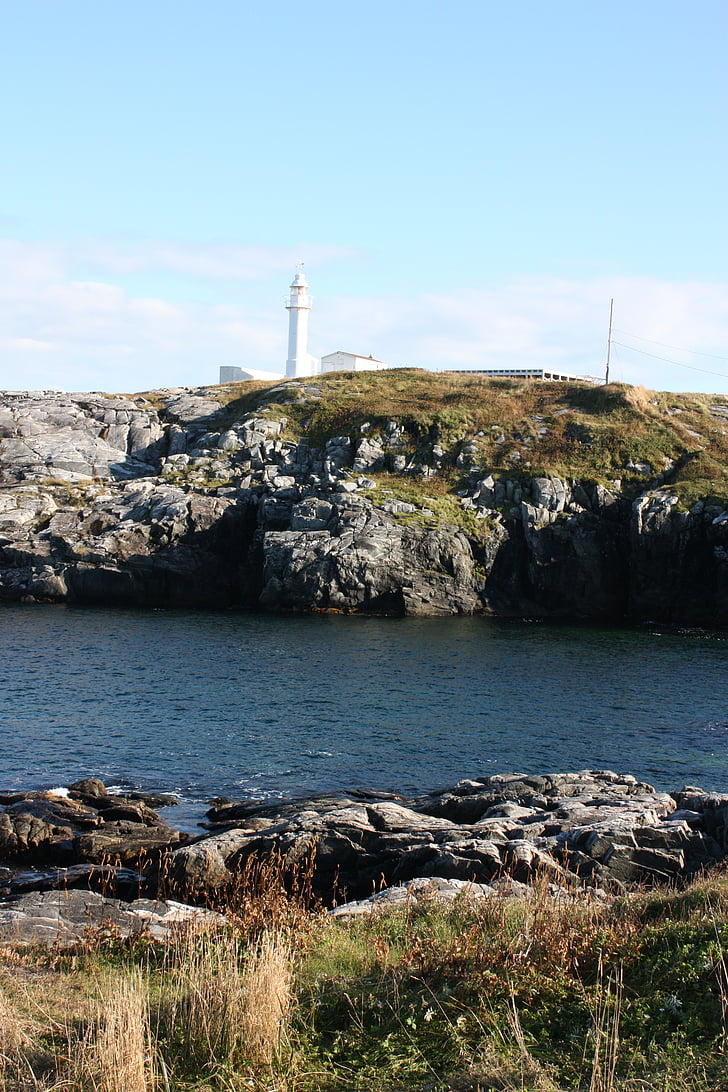 Deniz feneri, Port aux Bask, Newfoundland, kayalar, okyanus, doğa