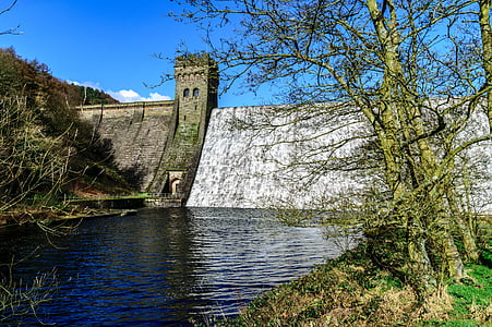 dam, wall, water, architecture, reservoir, landscape, flood