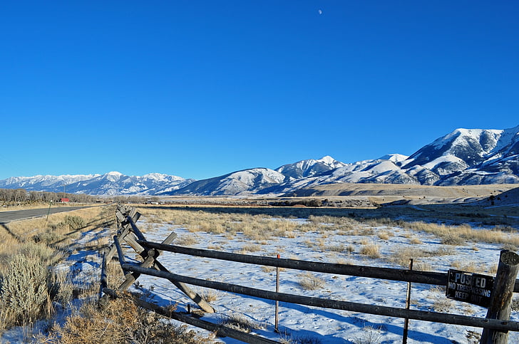 gama de munte absaroka, Parcul Național Yellowstone, Montana, Statele Unite ale Americii, gard, drumul, zăpadă