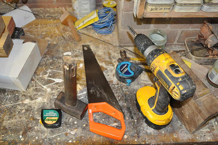 værktøj, skruetrækker, hammer, målebånd, håndværkere