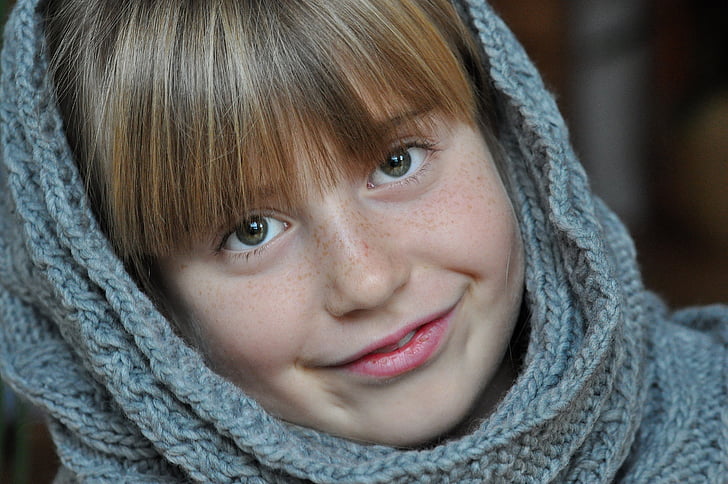 child, girl, face, smile, satisfied, eyes, look