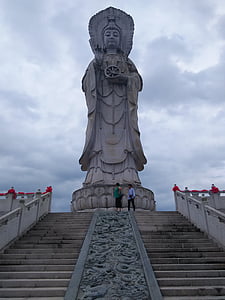 Çin, Hubei, Enshi şehir, heykel, Buda, merdiven, mimari