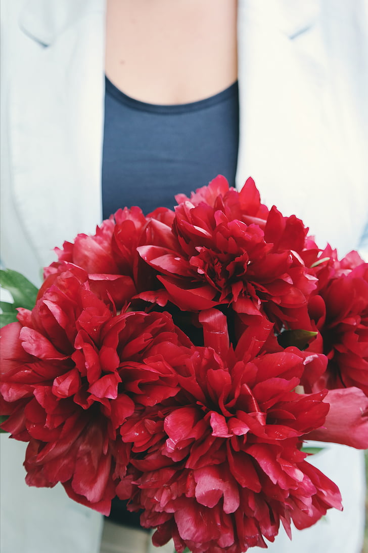 people, woman, chest, red, flower, petals, bouquet