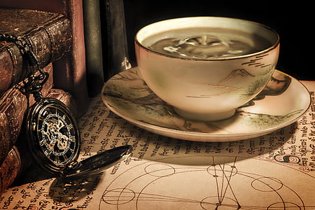 coffee, cup, drink, pocket watch, table, time, tea - hot drink