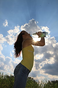 drinking, sun, water, woman, young, health, people