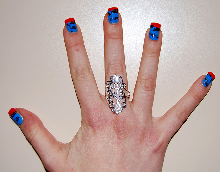 nagels, kleurrijke, hand, ring, vinger, vijf