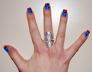 paznokcie, kolorowe, ręka, pierścień, palec, pięć