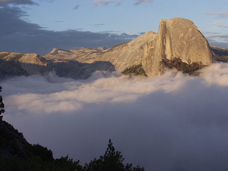 Half dome, Yosemite, hegyi, csúcs, köd, Gránit