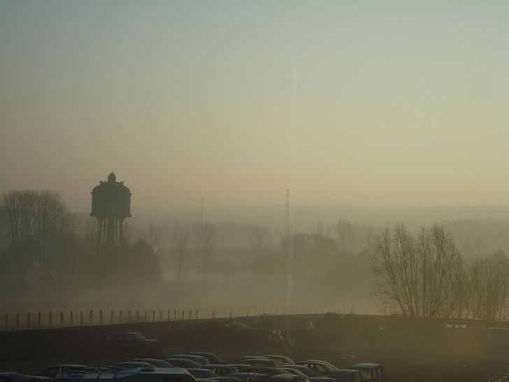 krajobraz, rano, drzewa, Wieża ciśnień, mgła