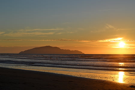 พระอาทิตย์ตก, ชายฝั่งท่อง, นิวซีแลนด์, สวยงามเงียบสงบ