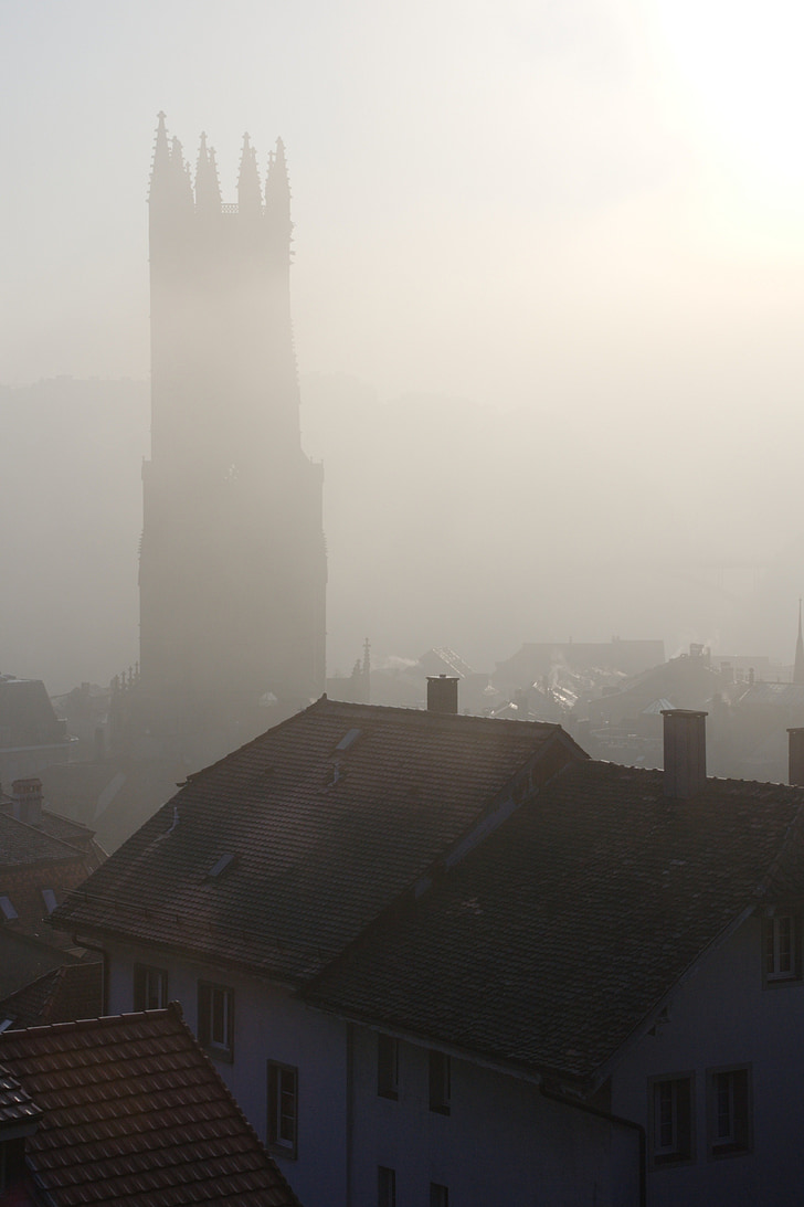switzerland, freiburg, fribourg, city, fog, church, steeple