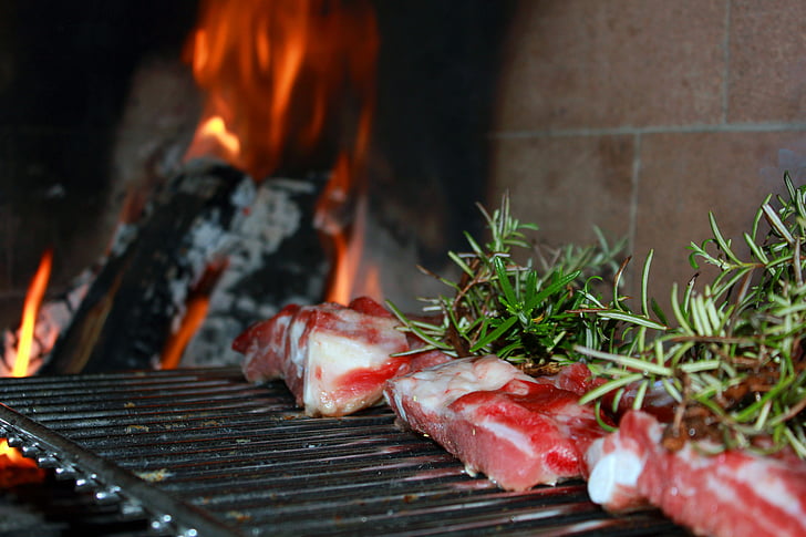 maso, mřížka, grilování, žhavé uhlíky, oheň, Rosemary, Cook