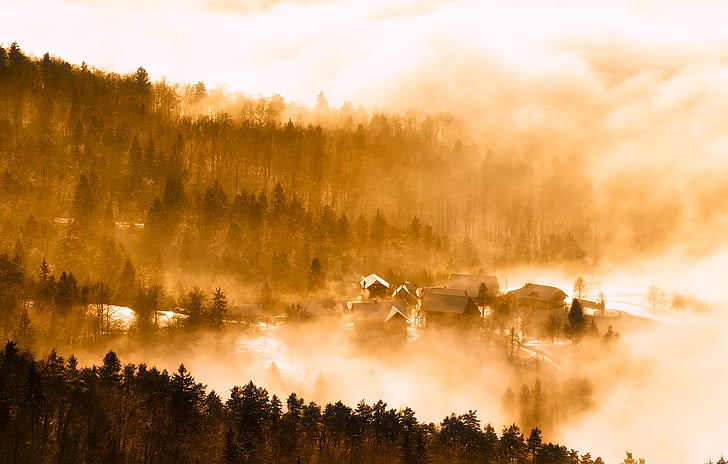 slovenia, sunrise, dawn, morning, fog, haze, mist