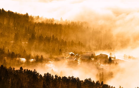 Slovēnija, saullēkts, rītausma, no rīta, migla, dūmaka, migla