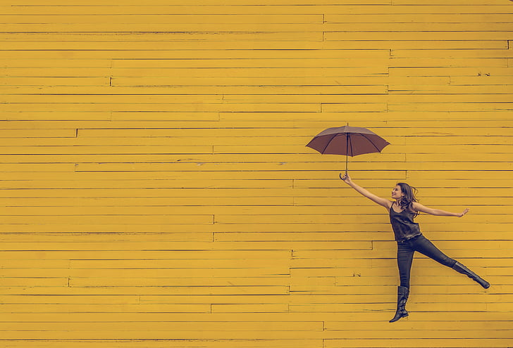 yellow, wood, wall, umbrella, people, girl, lady