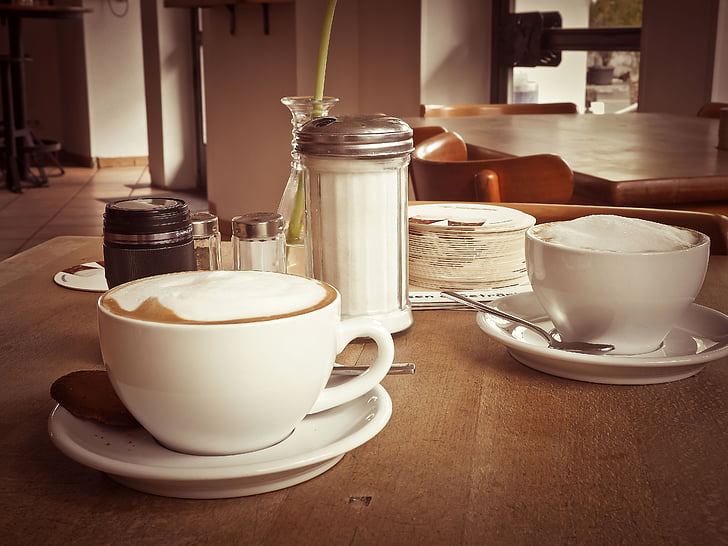 káva, Café au lait, pohár, nápoj, milchschaum, šálek kávy, Kavárna