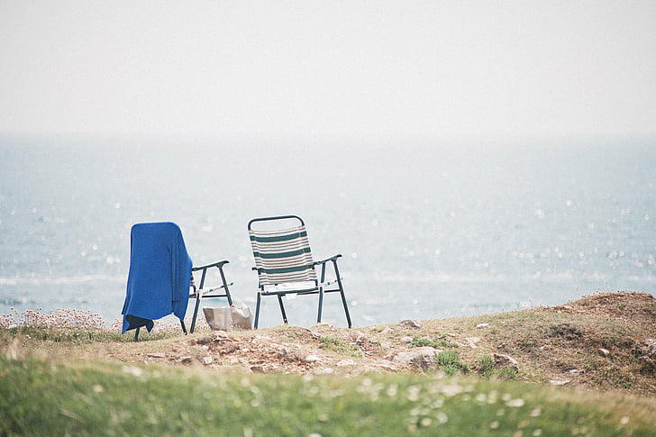 two, folding, armchairs, near, body, water, daytime