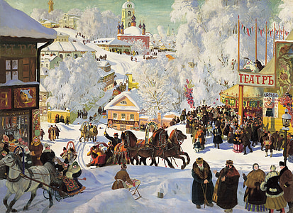 러시아, 겨울, 겨울, 카니발, 그림, 1919, maslenitsa
