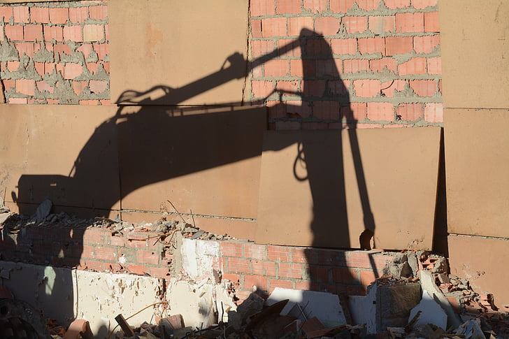 shadow, backhoe, site, demolition, construction equipment