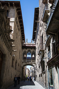 narrow street, architecture, barcelona, city, bridge, building, historically