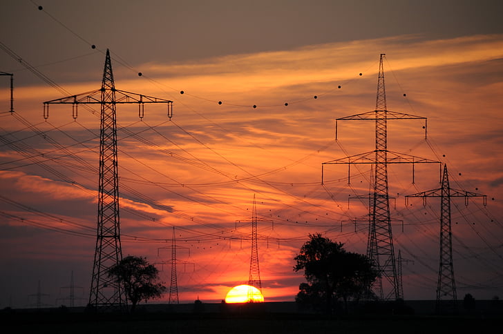 current, reinforce, energy, sunset, power line, electricity, power poles