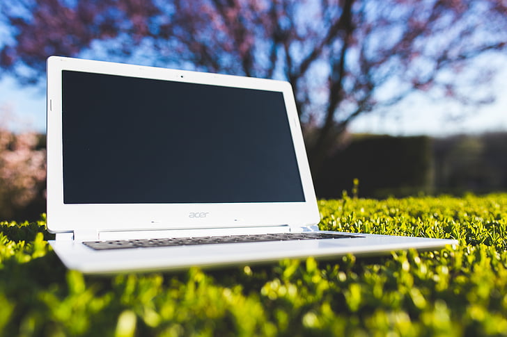 laptop, birou, locul de muncă, iarba, însorit, după locul de muncă, vacanta